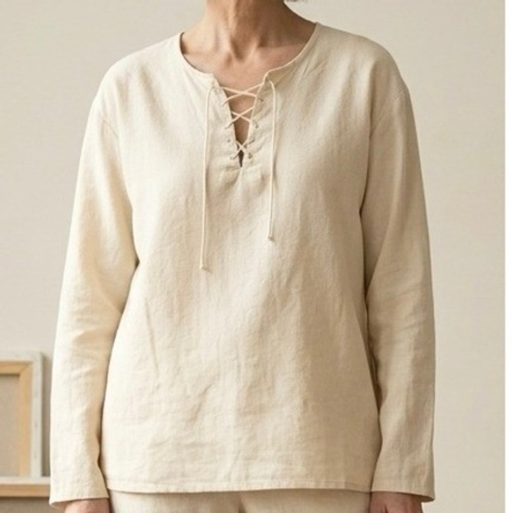 Cottonseed Wear Lace Up Tunic Women XXL Cream Lagenlook Made in‎ USA 100% Cotton